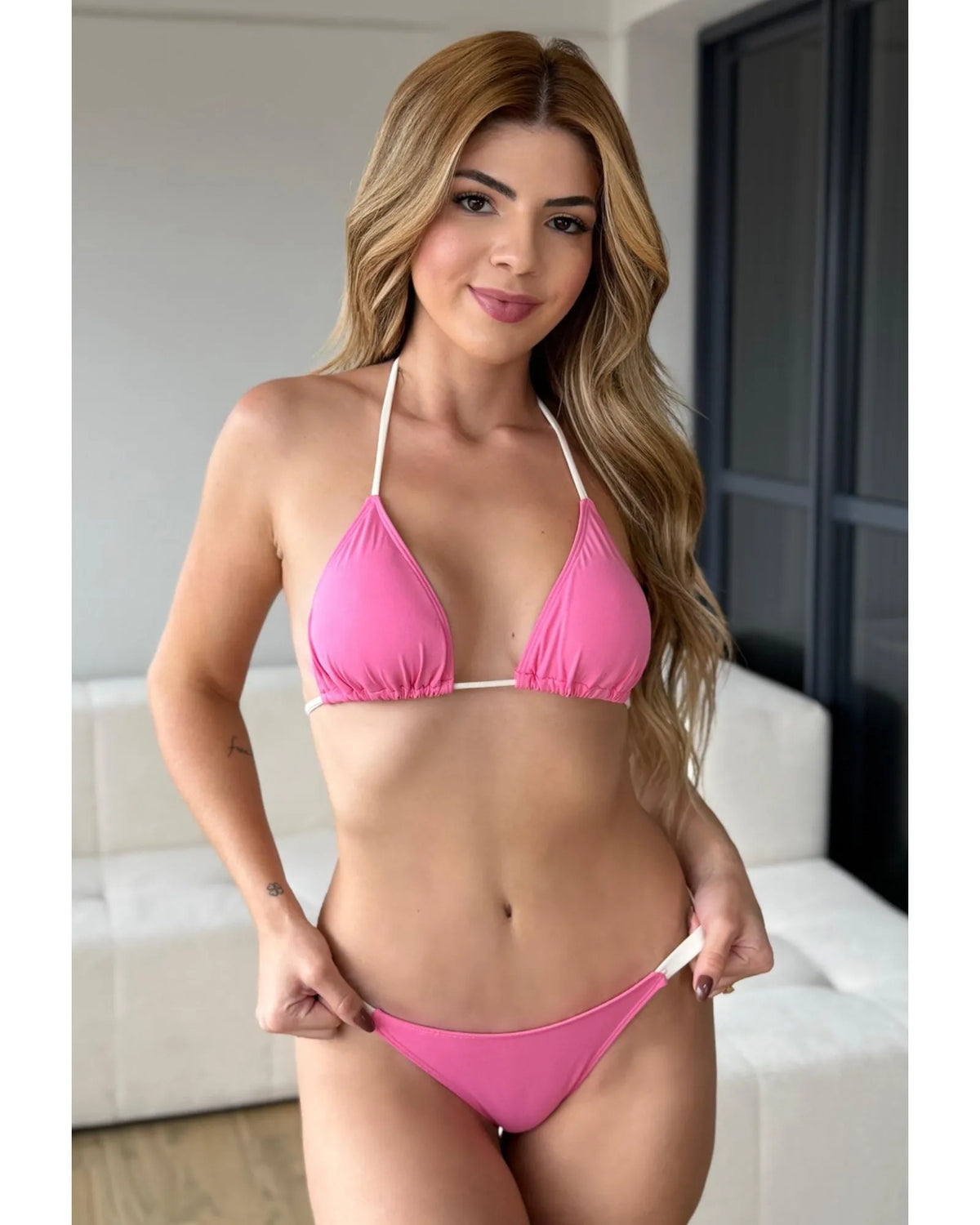 Biquini Verano - Rosa com Branco - Poliamida - Loja de Roupa Feminina - Eleganza Style