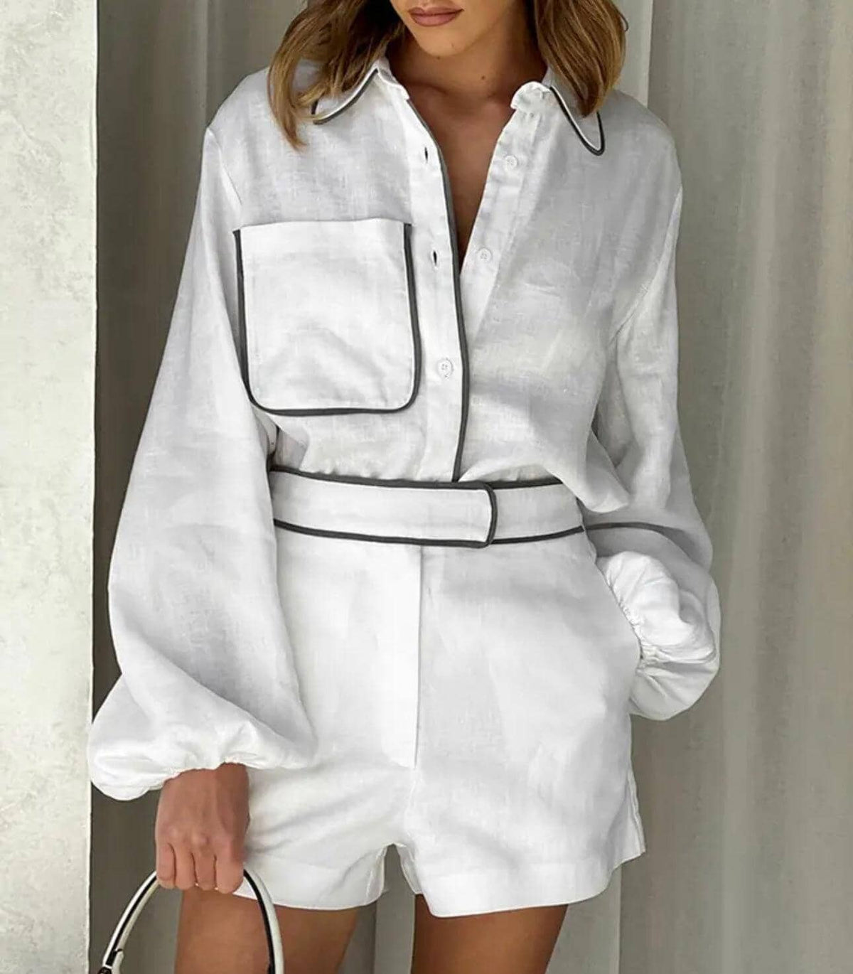 Conjunto Isabella Conjunto Feminino Blusa Com Bolso e Botoes e Short Branco, loja de roupa feminina eleganza style, Conjunto Isabella - Eleganza Style Eleganza Style Branco P