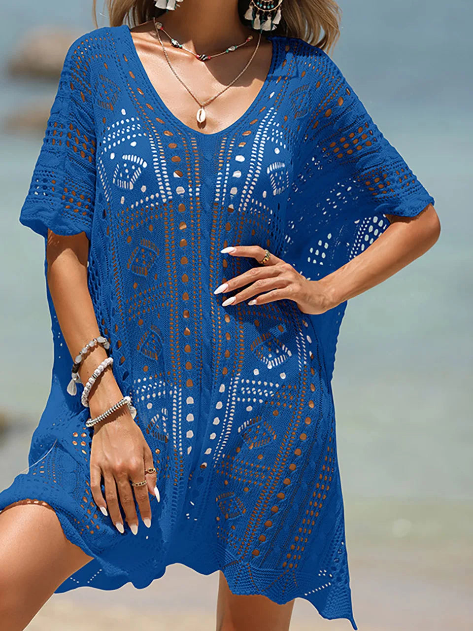 Saida de Praia Tricot Azul, Loja de Roupa Feminina eleganza style, Saída de Praia Zendaya - Eleganza Style