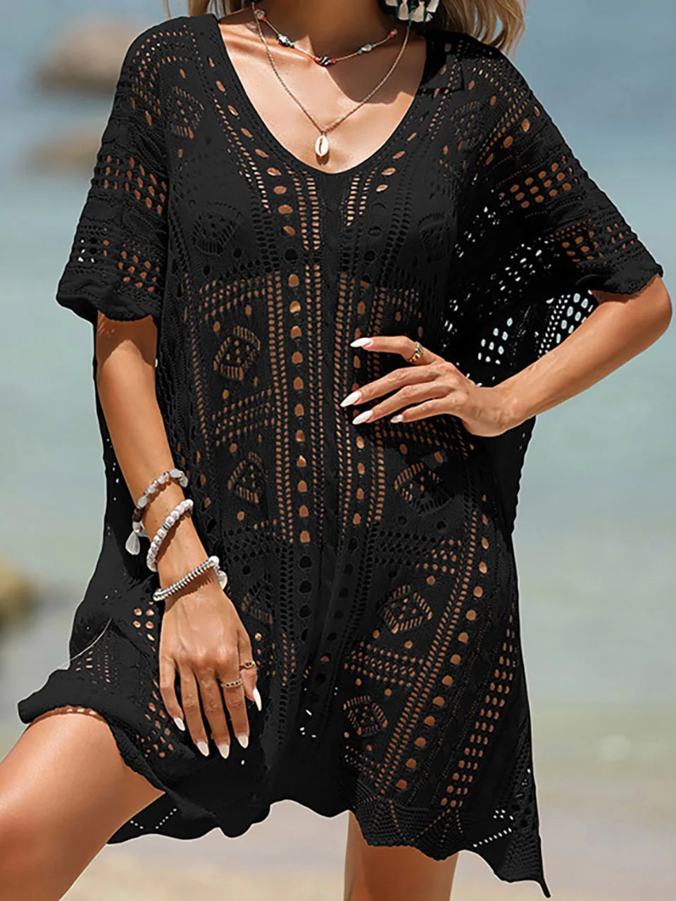 Saida de Praia Tricot Preto, Loja de Roupa Feminina eleganza style, Saída de Praia Zendaya - Eleganza Style