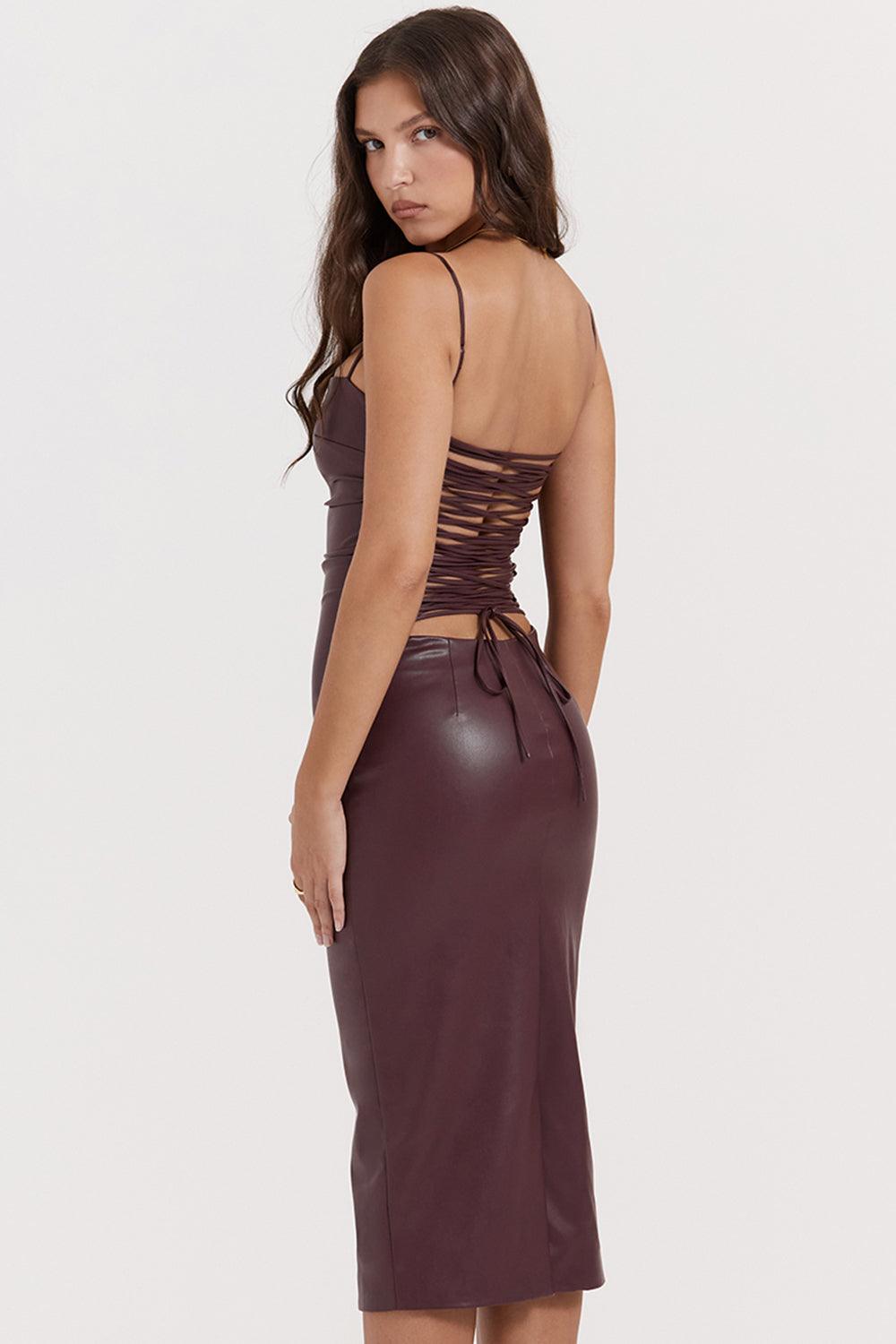 Vestido Elegante De Couro e Laços Marrom, loja de roupa feminina eleganza style, Vestido Bustier Lucy - Eleganza Style