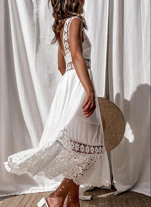 Vestido Elegante Longo com Detalhe em Rendas Branco, loja de roupa feminina eleganza style, Vestido Abigail - Eleganza Style