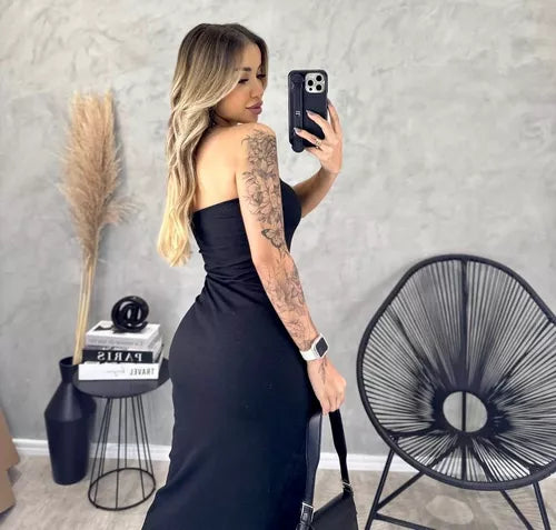 Vestido Tomara Que Caia Fenda Tubinho Efeito Modelador Midi - Marcella - Loja de Roupa Feminina - Eleganza Style