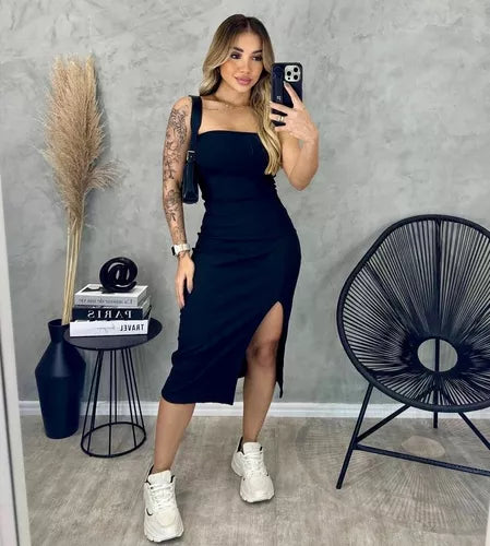 Vestido Tomara Que Caia Fenda Tubinho Efeito Modelador Midi - Marcella - Loja de Roupa Feminina - Eleganza Style