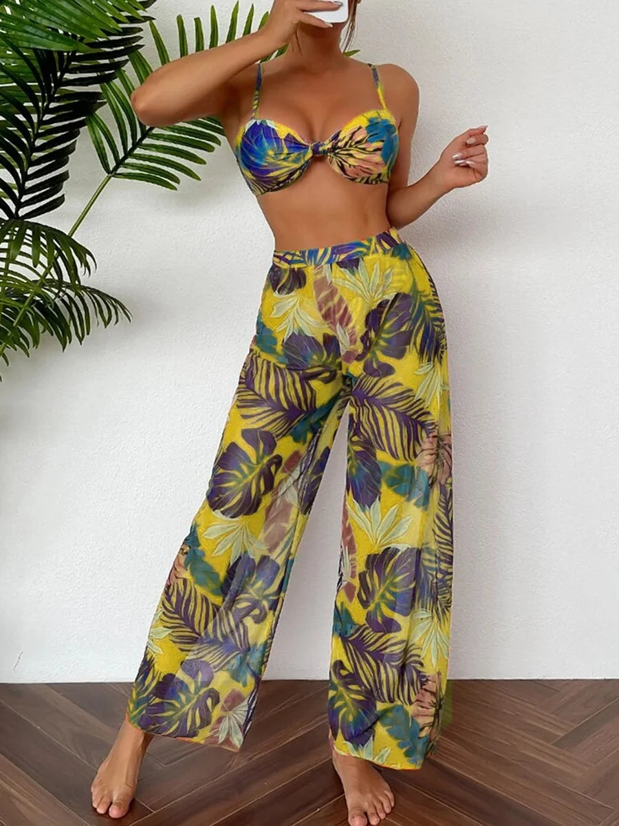 Biquini e Calça de praia Floral amarelo, Loja de Roupa Feminina eleganza style, Biquíni Veneza - Eleganza Style