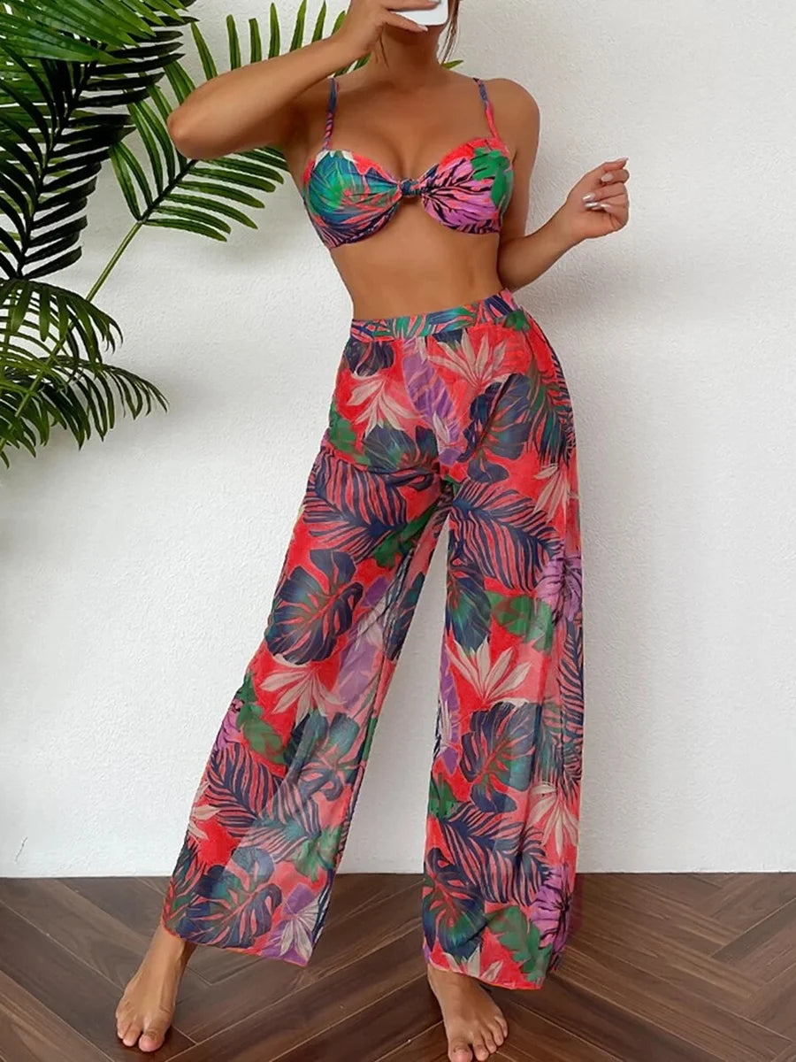 Biquini e Calça de praia Floral vermelho, Loja de Roupa Feminina eleganza style, Biquíni Veneza - Eleganza Style