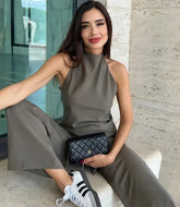 Blusa com Recorte e Calca Cintura Alta Conjunto Elegante Bege, Loja de Roupa Feminina, Conjunto Estelle Eleganza Style