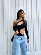 Body Gringo Feminino Com Recortes e Manga Longa - Kelly - Loja de Roupa Feminina - Eleganza Style