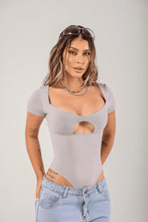 Body Gringo Poliamida Feminino Manga - Rebecca Cinza - Loja de Roupa Feminina - Eleganza Style