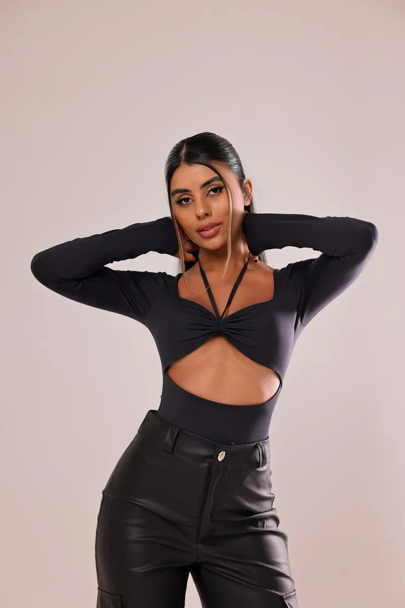 Body Poliamida Manga Longa Laço - Jasmine - Loja de Roupa Feminina - Eleganza Style