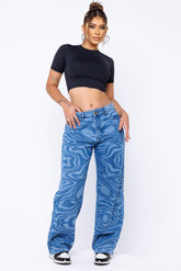 Calça Jeans Wide Leg Estampada - Rio - Loja de Roupa Feminina - Eleganza Style