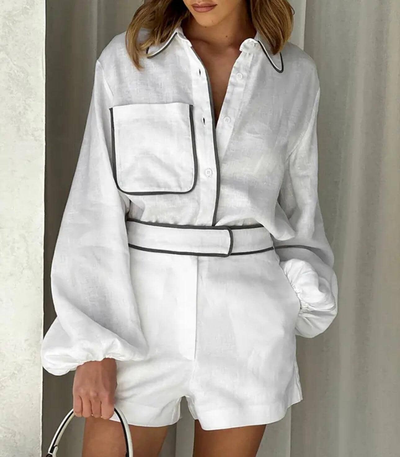 Conjunto Isabella Conjunto Feminino Blusa Com Bolso e Botoes e Short Branco, loja de roupa feminina eleganza style, Conjunto Isabella - Eleganza Style Eleganza Style Branco P 