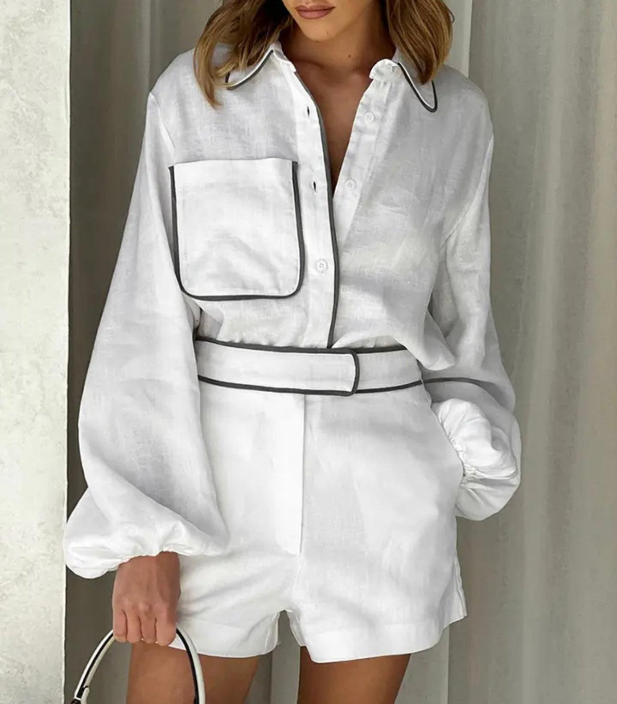 Conjunto Feminino Blusa Com Bolso e Botoes e Short Branco, loja de roupa feminina eleganza style, Conjunto Isabella - Eleganza Style
