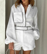 Conjunto Isabella Conjunto Feminino Blusa Com Bolso e Botoes e Short Branco, loja de roupa feminina eleganza style, Conjunto Isabella - Eleganza Style Eleganza Style Branco P 