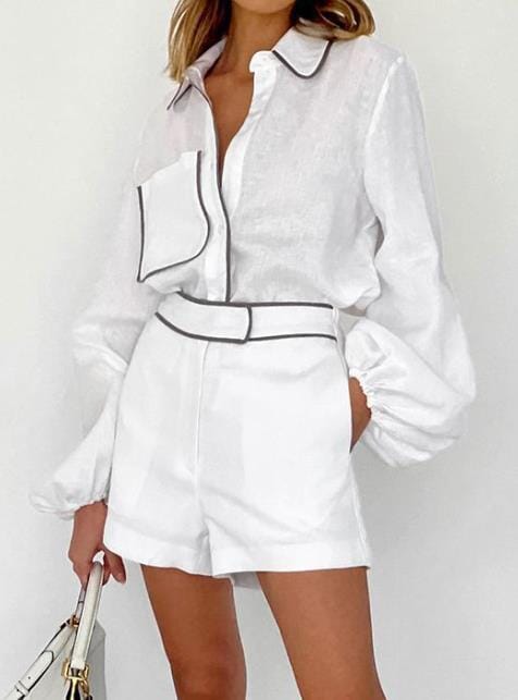 Conjunto Isabella Conjunto Feminino Blusa Com Bolso e Botoes e Short Branco, loja de roupa feminina eleganza style, Conjunto Isabella - Eleganza Style Eleganza Style 