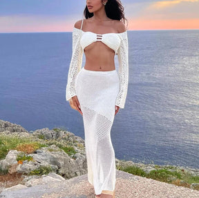 Conjunto Feminino Cropped Manga Longa e Saia Tricotado Branco, loja de roupa feminina eleganza style, Conjunto Olivia - Eleganza Style