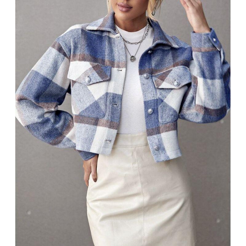 Jaqueta Feminina Xadrez com Botões e Bolsos Azul, loja de roupa feminina eleganza style, Jaqueta Leona - Eleganza Style