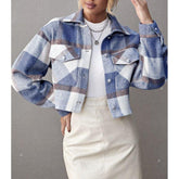 Jaqueta Feminina Xadrez com Botões e Bolsos Azul, loja de roupa feminina eleganza style, Jaqueta Leona - Eleganza Style