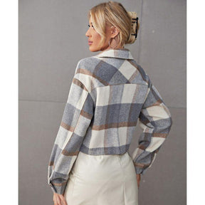 Jaqueta Feminina Xadrez com Botões e Bolsos Cinza, loja de roupa feminina eleganza style, Jaqueta Leona - Eleganza Style