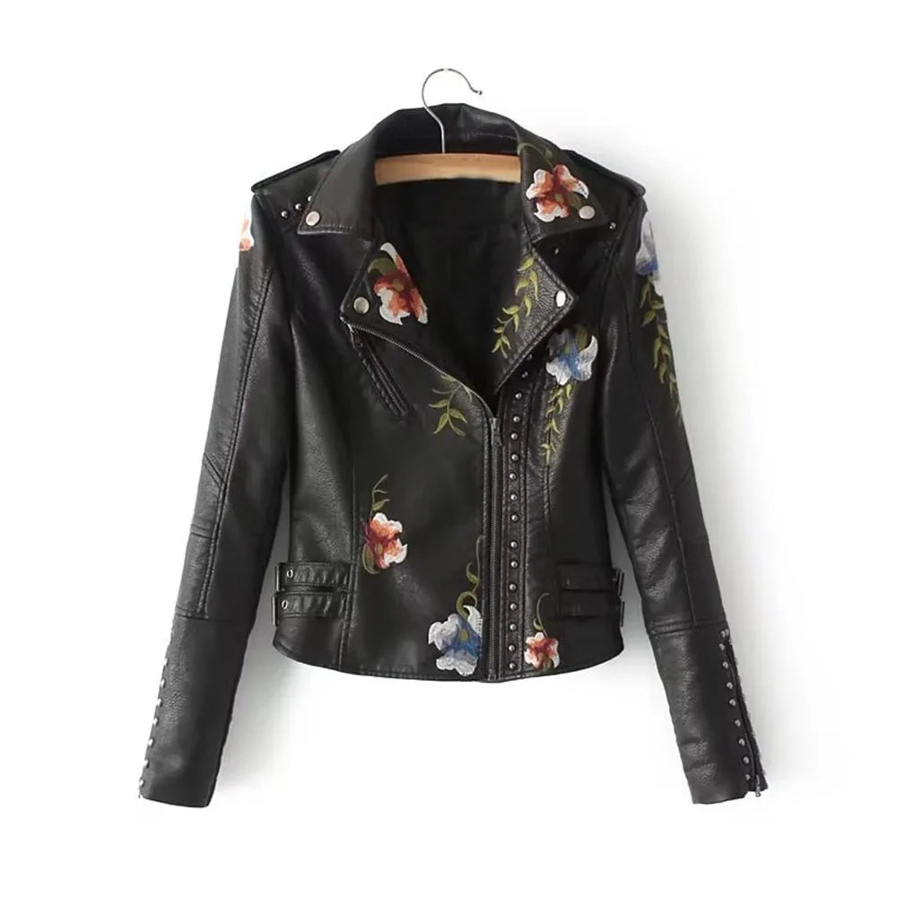 Jaqueta Feminina de Couro Com Bordados Flowers, Preto - Loja De Roupa Feminina - Eleganza Style