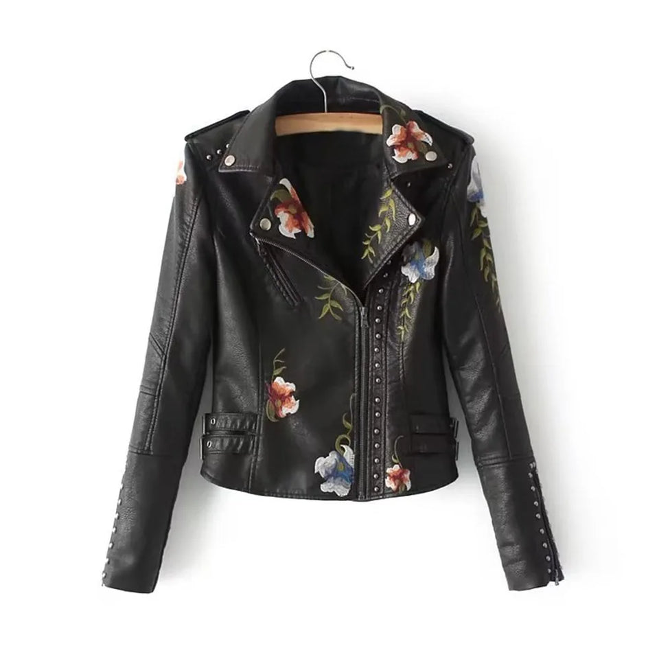 Jaqueta Feminina de Couro Com Bordados Flowers, Preto - Loja De Roupa Feminina - Eleganza Style