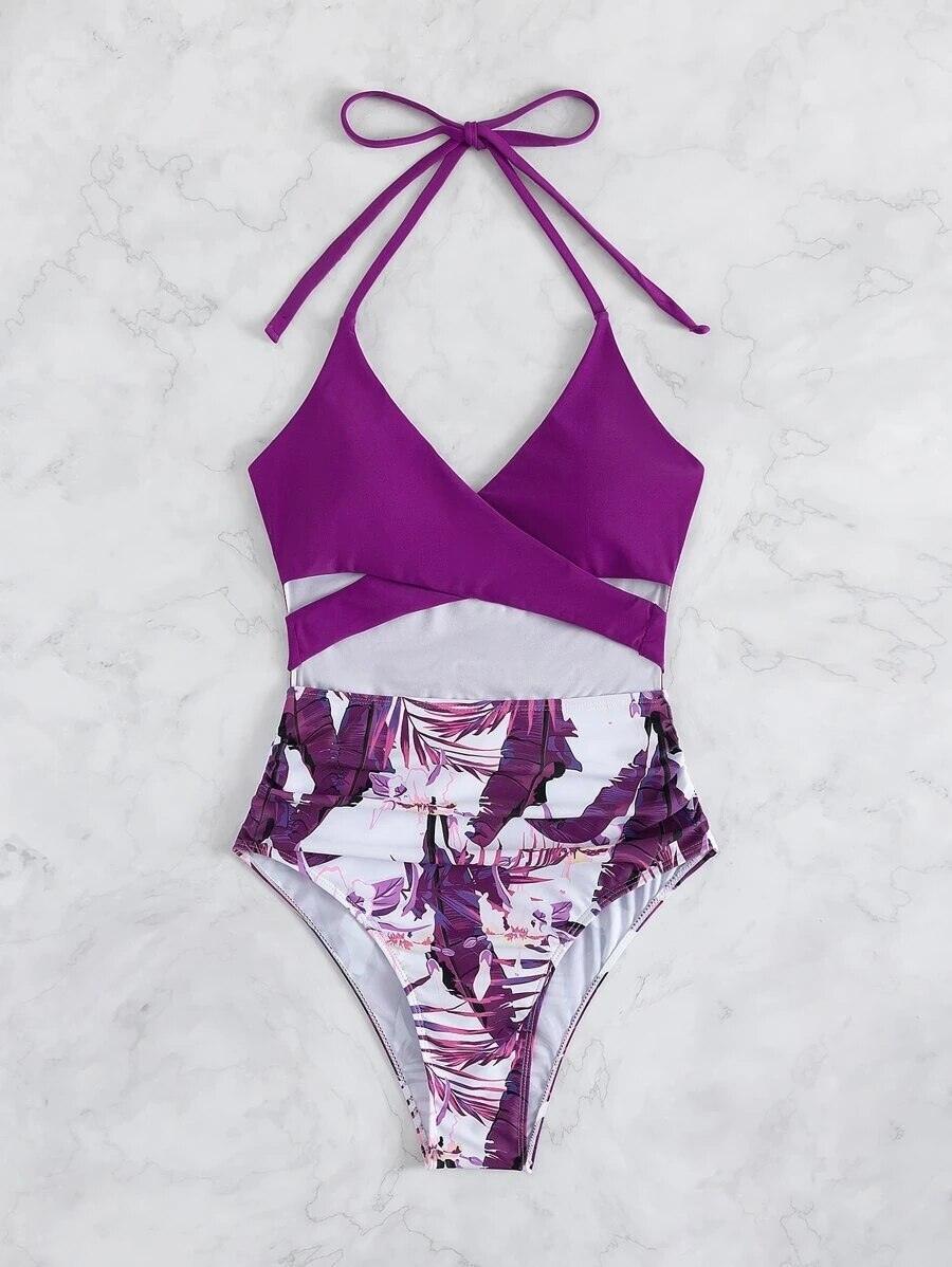 Maiô Estampado Floral roxo, loja de roupa feminina eleganza style, Maiô Vanessa - Eleganza Style