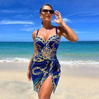 Maiô e saída de praia Estampado azul, loja de roupa feminina eleganza style, Maiô Egito - Eleganza Style