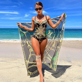 Maiô e saída de praia Estampado preto, loja de roupa feminina eleganza style, Maiô Egito - Eleganza Style