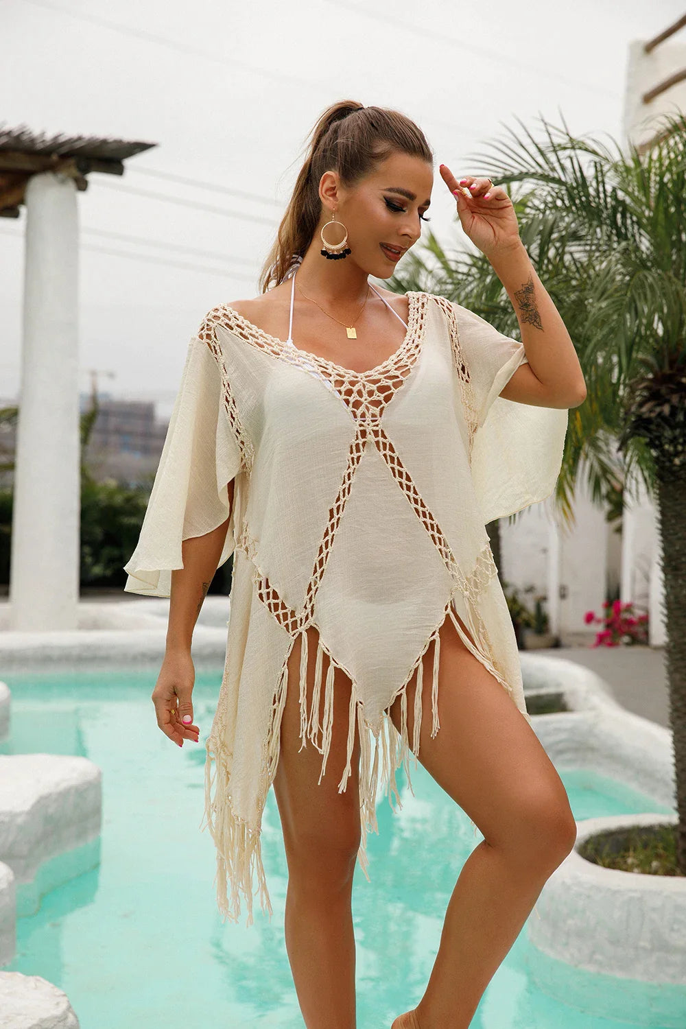 Saida de Praia Tricot Bege, Loja de Roupa Feminina eleganza style, Saida de Praia Damma - Eleganza Style
