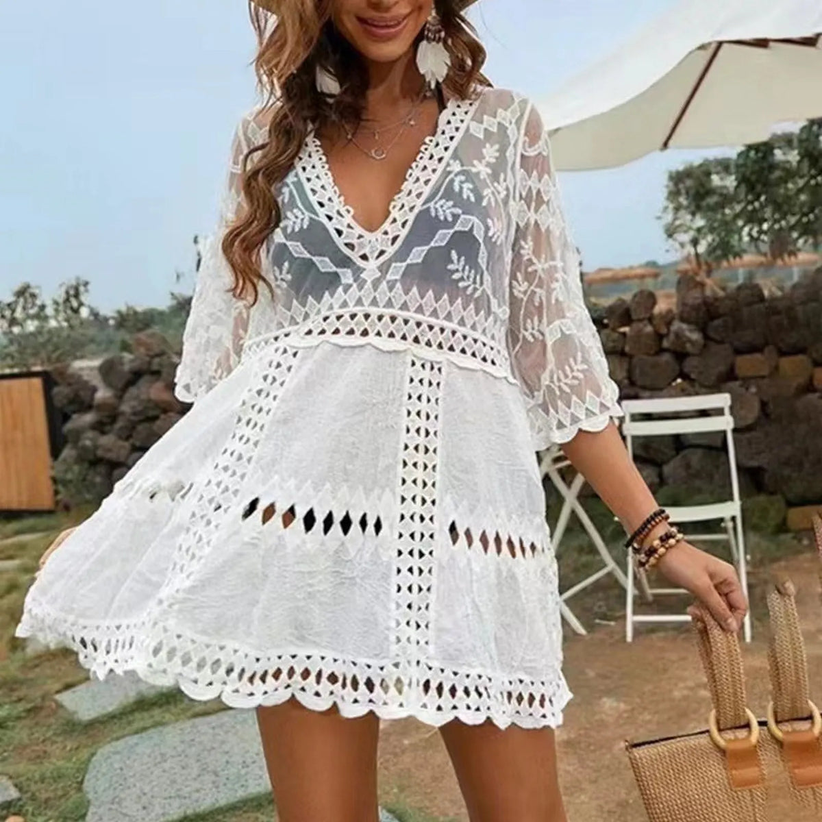 Saida de Praia Tricot Branco, Loja de Roupa Feminina eleganza style, Saida de Praia Janine - Eleganza Style
