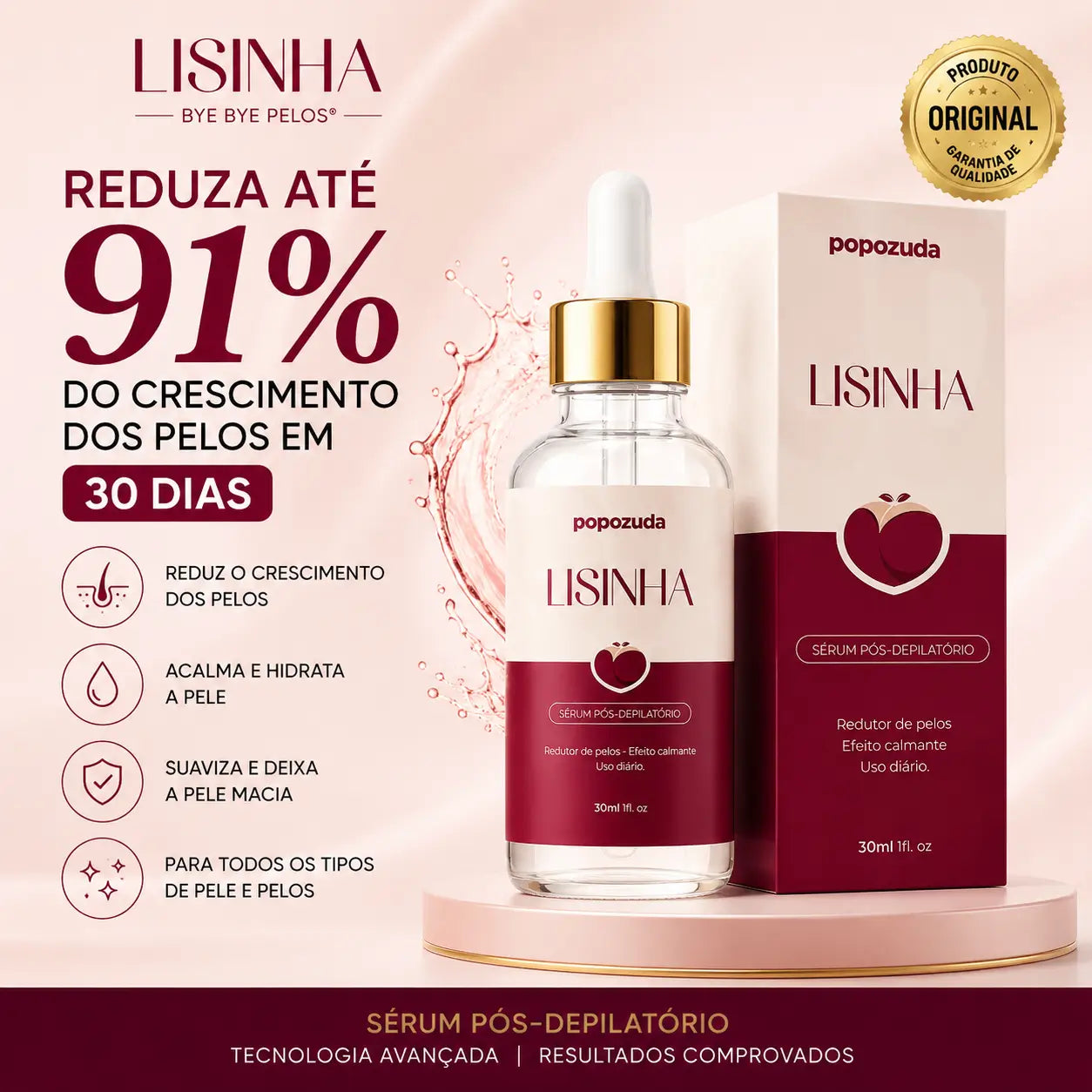 Sérum Redutor de Pelos | Bye Bye Pelos Lisinha® - Reduza 91% do crescimento em 30 dias