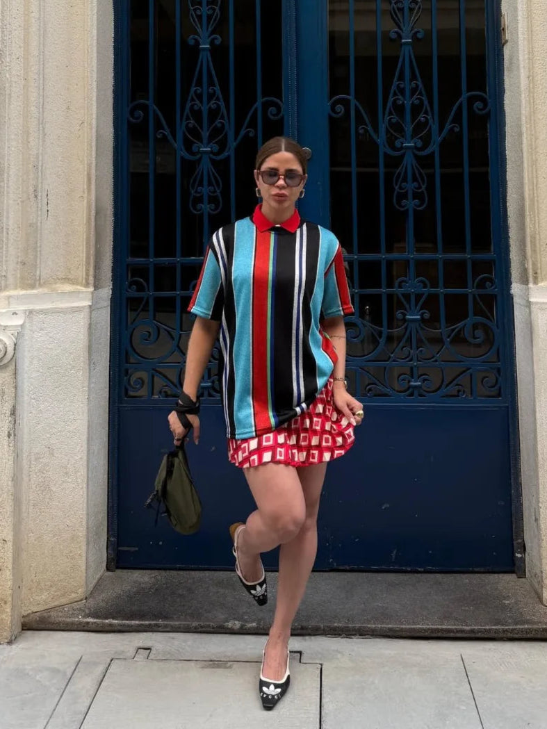 T-Shirt Camisa Oversize Basica Estampada - Classic Listras Verticais - Loja de Roupa Feminina - Eleganza Style