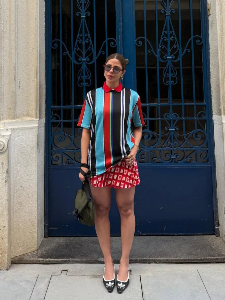 T-Shirt Camisa Oversize Basica Estampada - Classic Listras Verticais - Loja de Roupa Feminina - Eleganza Style