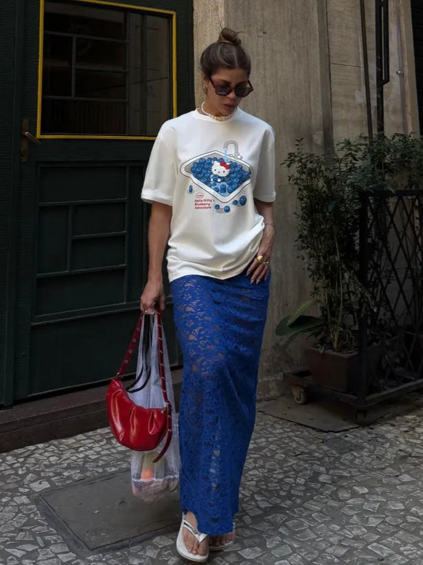 T-Shirt Camisa Oversize Basica Estampada - Hello Kitty Fruits - Loja de Roupa Feminina - Eleganza Style
