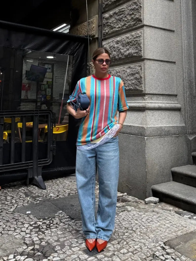 T-Shirt Camisa Oversize Basica Estampada - Listras Candy - Loja de Roupa Feminina - Eleganza Style
