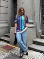 T-Shirt Camisa Oversize Basica Estampada - Listras Verticais - Loja de Roupa Feminina - Eleganza Style