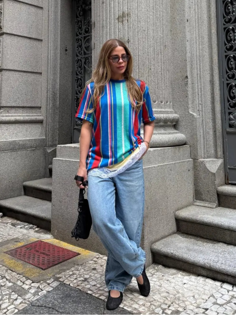 T-Shirt Camisa Oversize Basica Estampada - Listras Verticais - Loja de Roupa Feminina - Eleganza Style