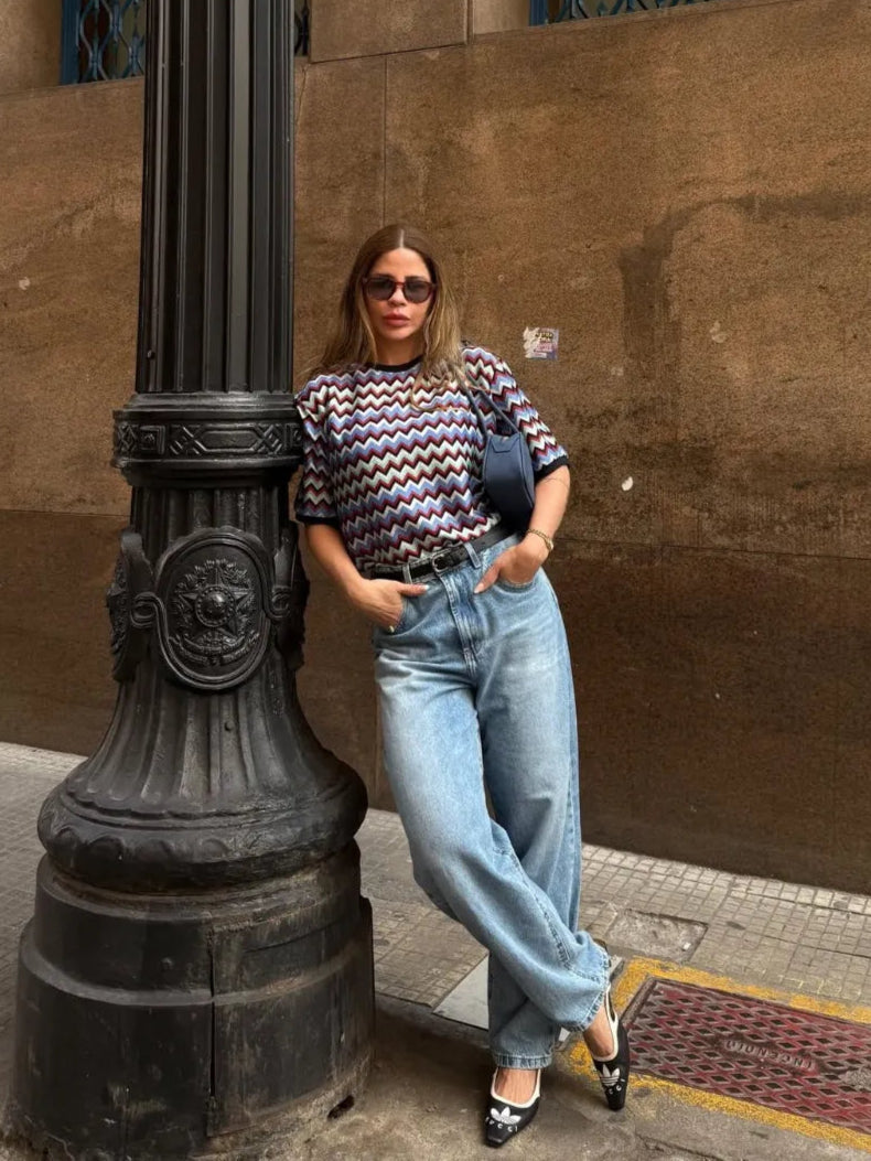 T-Shirt Camisa Oversize Basica Estampada - Listras Zig Zag Retrô - Loja de Roupa Feminina - Eleganza Style