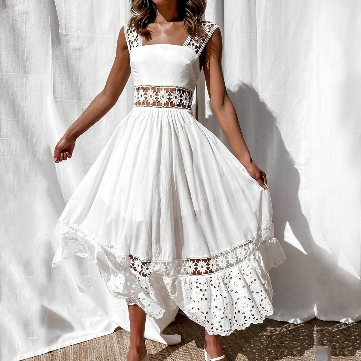 Vestido Elegante Longo com Detalhe em Rendas Branco, loja de roupa feminina eleganza style, Vestido Abigail - Eleganza Style