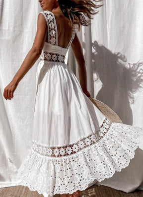 Vestido Elegante Longo com Detalhe em Rendas Branco, loja de roupa feminina eleganza style, Vestido Abigail - Eleganza Style