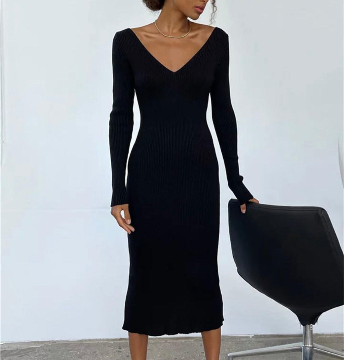 Vestido Elegante Midi Tricot Preto, Loja de Roupa Feminina eleganza style, Vestido Anara - Eleganza Style