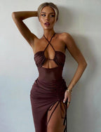 Vestido Elegante Regulavel Com Fenda Marrom, loja de roupa feminina eleganza style, Vestido Charlotte - Eleganza Style