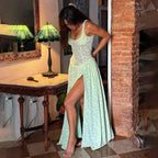 Vestido Longo Com Fenda Drapeado e Bordado - Dandara - Loja de Roupa Feminina - Eleganza Style