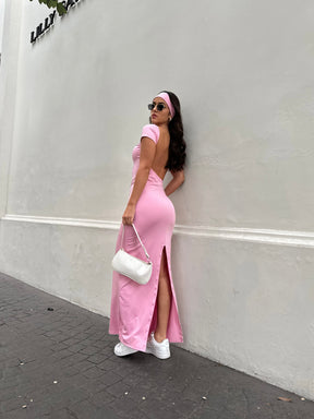 Vestido Longo Suplex Costas Abertas Fenda Traseira - Mavie - Loja de Roupa Feminina - Eleganza Style