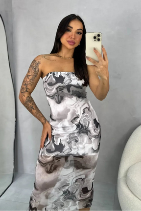 Vestido Midi Tule Estampa Marmorizada Forrado - Safira - Loja de Roupa Feminina - Eleganza Style