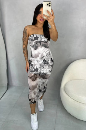 Vestido Midi Tule Estampa Marmorizada Forrado - Safira - Loja de Roupa Feminina - Eleganza Style