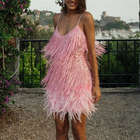 Vestido com Paetê e Plumas - Rose - Loja de Roupa Feminina - Eleganza Style
